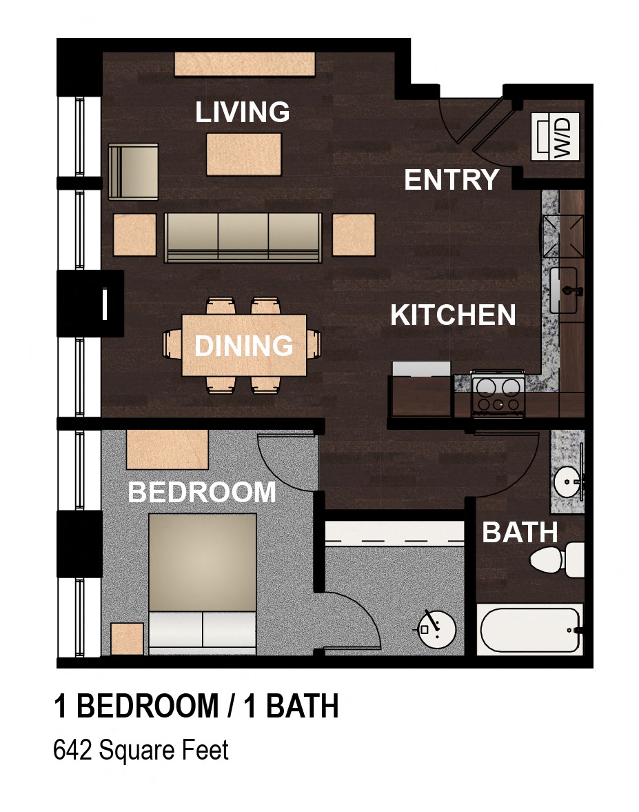 Floor plan for 1 bed, 1 bath, 642 sqft